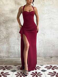 PEONY 女士优雅性感纯色露背吊带高开衩长裙，迷人修身红色长裙，适合晚宴、派对、婚礼宾客、约会、情人节、周年纪念、毕业典礼、正式场合、假日、Y2K风格、夏季节日等场合。 - 酒紅色 - 查看 10