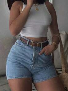 Cute Boho Style Straight Leg Denim Shorts, Medium Stretch, Button Pockets, Suitable For Women Casual Summer - Brown - View 10