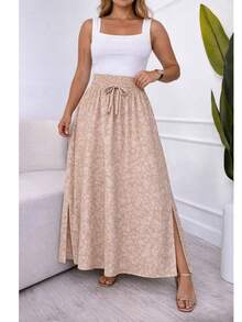 Long, Printed Viscose Skirt, Lined, High Waist With Pockets And Side Slits. - hoa màu be - Xem 2