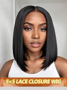 5x5 透明蕾丝闭合假发 真人发 即戴即用 无胶波波头假发 直发闭合假发 预剪裁 自由分缝假发 女士款 自然黑 180% 密度 - Natural Black - 查看 1