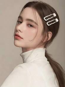 2pcs Minimalist Silver Wavy Line Hair Clips, Geometric Rectangle & Water Drop Duckbill Bangs Clips, New - Silver - View 1