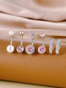 6pcs Medical Grade Stainless Steel Belly Button Rings Set, 8mm CZ Inlaid & Faux Pearl Design, Cute Body Jewelry Piercing Accessories, Daily Gift - Basic - View 4
