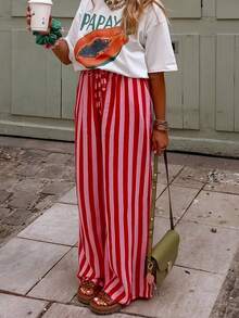 Women's Casual Striped Straight Leg Loose Pants, Suitable For Summer Holiday And Daily Wear Vacation Spring - Red - View 3