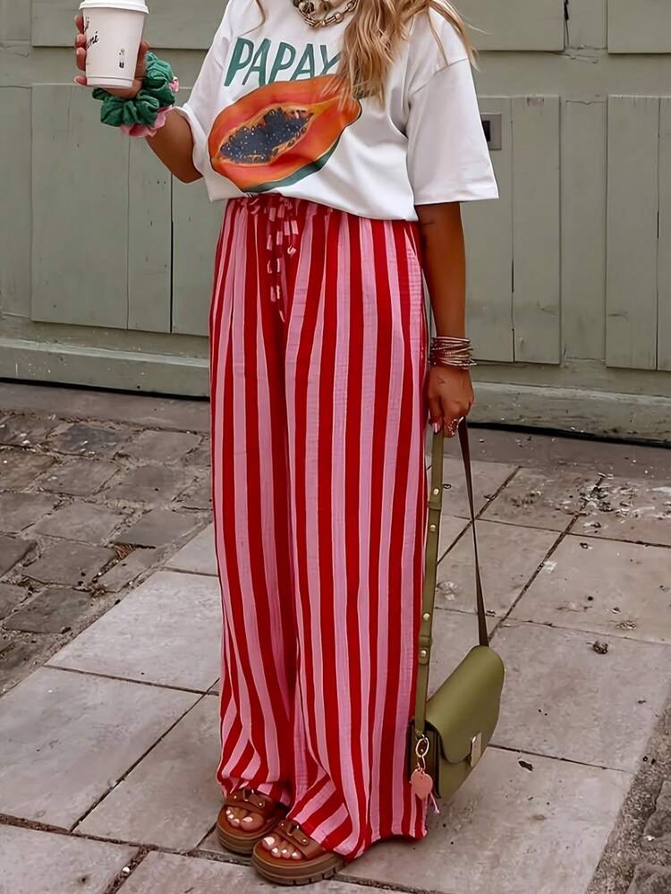 Damen Lässig gestreifte gerade geschnittene weite Hose, geeignet für Sommerurlaub und täglichen Lässig look Frühling - Rot - Übersicht 3
