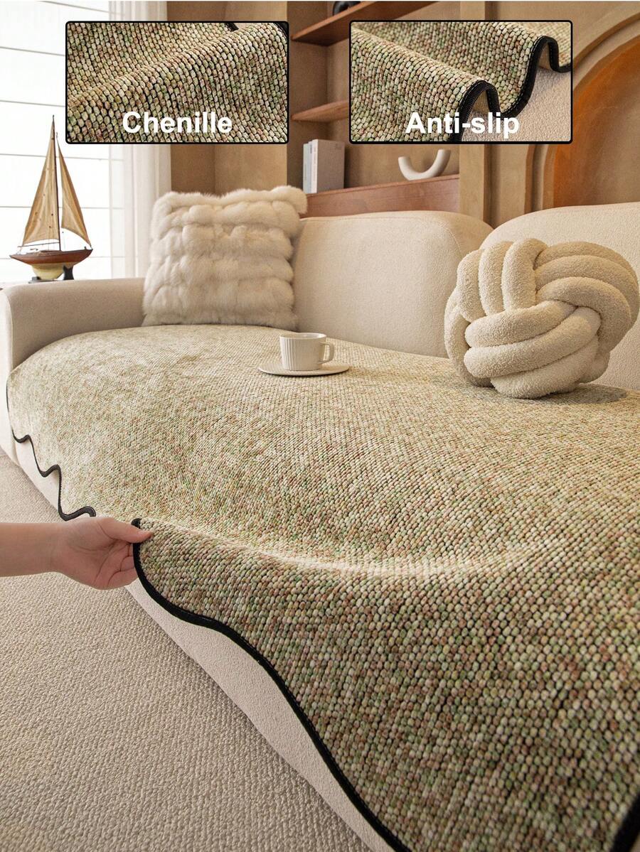 1pc Solid Color Chenille Sofa Cushion Cover, Minimalist Starry Floral Pattern, Anti-Slip Anti-Scratch Sofa Protector, Home Decor For All Seasons, Fits 1/2/3/4 Seater Sofa - Green - View 1