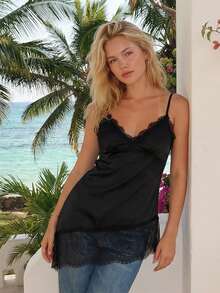 Women's Satin Camisole Tops Stylish Solid Color Lace Trimmed Asymmetric Cut Sleeveless Spaghetti Strap Vest - Black - View 2