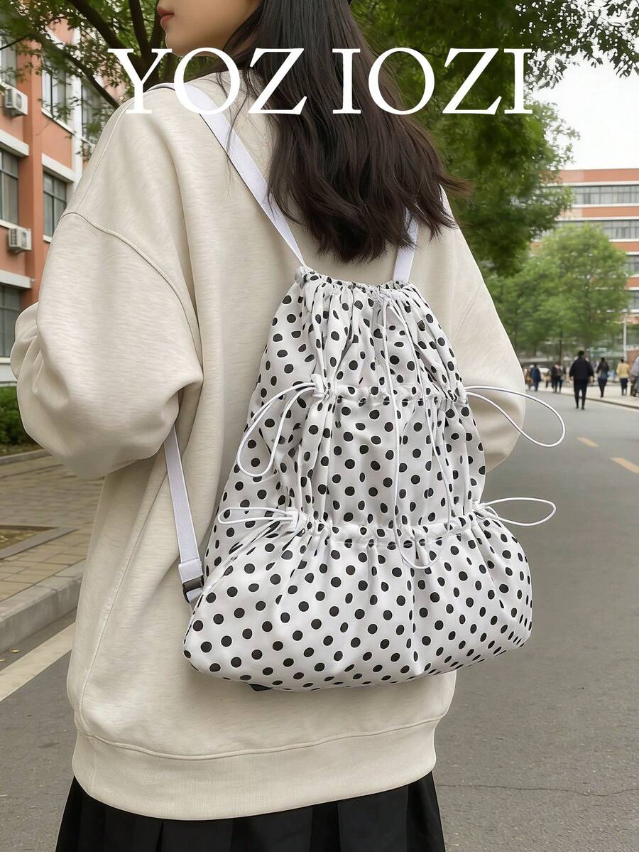 Back To School Korean Ins Polka Dot Drawstring Pocket Backpack, Travel, College Student, Commute, Outdoor, Daily Shopping, Large Capacity Foldable Rucksack, Campus Bag - White - View 1