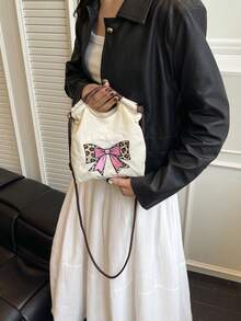 1pc Women's Handbag, Detachable Shoulder Strap, Multi-Color Nylon + Leopard Bow Embroidery + Drawstring Design, Nylon Material, Mini Tote Shoulder Crossbody, Drawstring Closure, Sweet & Cool Girl Style Bucket Bag, Suitable For Daily, Commute, Casual, Date - Multicolor - View 4