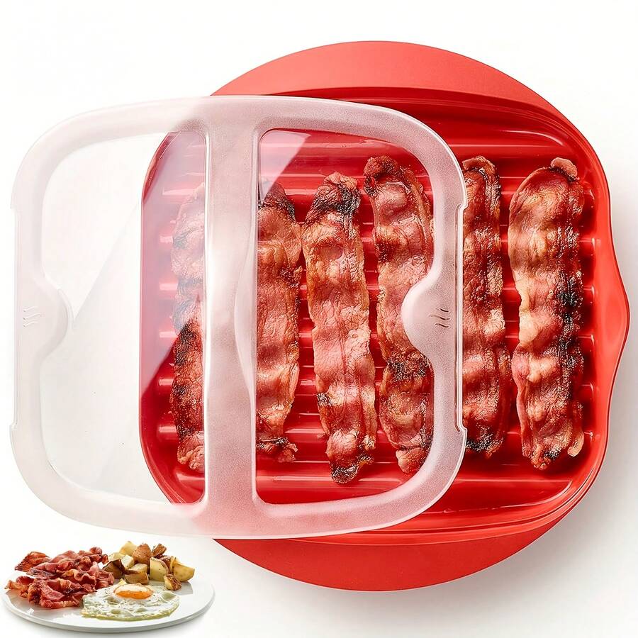 Microwave Bacon Pan With Lid, Made Of PP Material, Dishwasher-, Featuring A Splash-Free Design And A Fat-Reducing Oil-Draining Tray, A Simple Cooking Tool Suitable For Microwave Ovens