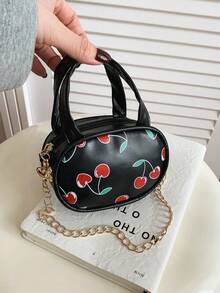 Nueva bolsa de hombro/bandolera versátil con estampado de cerezas, adecuada para volver a la escuela, graduación, viajes, regalos, uso diario - Negro - Ver 3