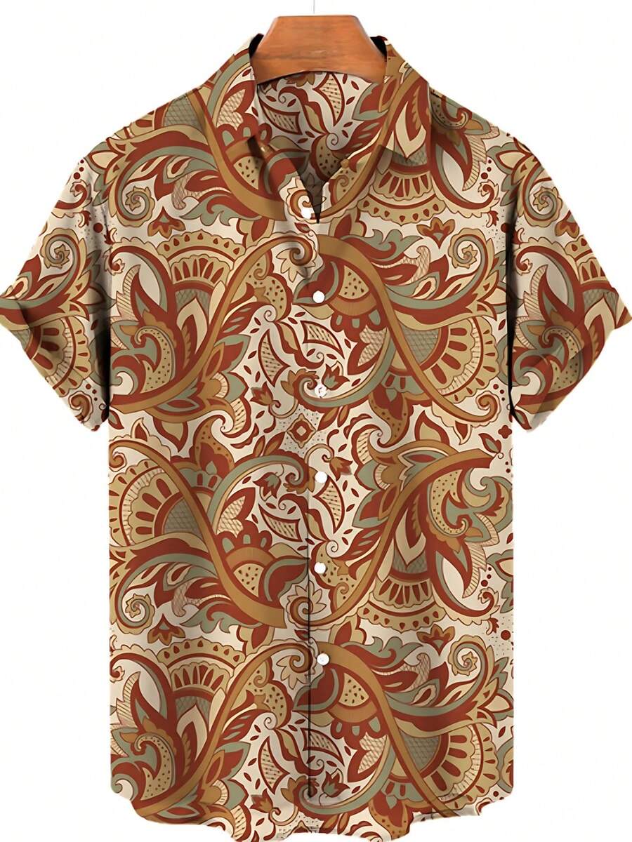 Golden Floral Compass Pattern Radiates Symmetry Symbolizing Direction Wisdom And Elegance For Confident Style 3D Printed Mens Short Sleeve Button Down Shirt - A508D-aT22878 - View 1