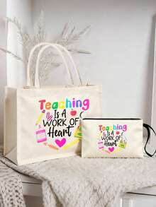 教师节礼物 - 大容量时尚手提袋，印有“教师电池寿命”字样，内设化妆袋，适合教育工作者和学校员工。 - 米色 - 查看 1