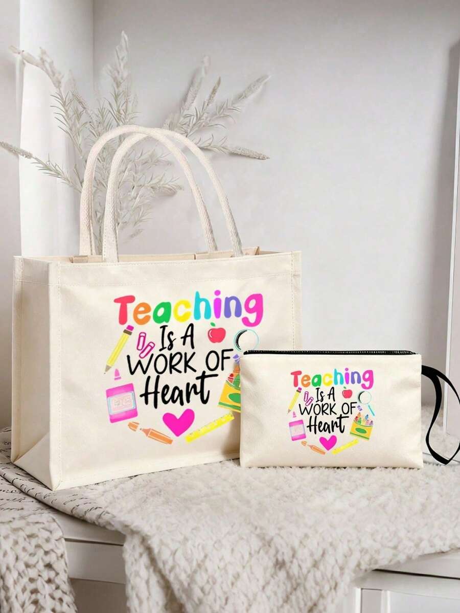 教师节礼物 - 大容量时尚手提袋，印有“教师电池寿命”字样，内设化妆袋，适合教育工作者和学校员工。 - 米色 - 查看 1