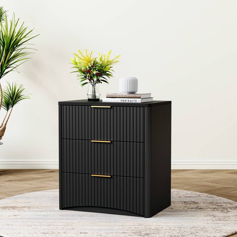 Classic Bedside Table With 3 Spacious Drawers – Unique Grooved Design, High-Quality Metal Handles & Quiet Runners – Sturdy Base – Black - Black - View 1