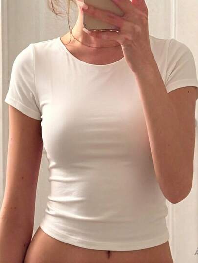 ZOREA Summer New Arrival Beige Women's Short Sleeve T-Shirt, Simple, Casual, Fitted, Short, Backless, Belly-Baring Top, Summer Top, Beige Tops,Daily Wear