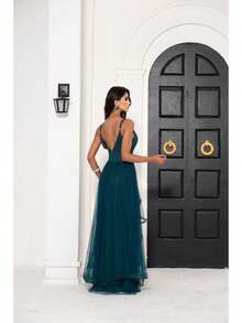 Greek Goddess Gala Dress In Tulle Without Glitter, With Capes And Invisible Zipper - Emerald Green - View 4