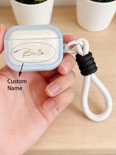 [Customized] Personalized Customized Letters Engraving Name Simplicity Portable Lanyard Translucent Solid Color Pattern Earphone Case Faux Leather Compatible With AirPods 1/2 3 4 Pro 2 Pro 3