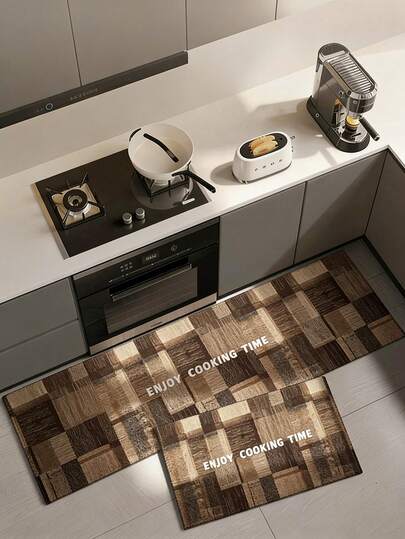 1pc Coffee-Colored Gradient Plaid Kitchen Rug, Retro American Style Diatomite Material Long Absorbent Mat, Imitation Linen Printed Floor Mat, Absorbent Anti-Slip Anti-Fouling Suitable For Daily Kitchen Decor