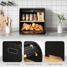 Bread Box Bamboo Bread Box For Kitchen Countertop 2 Tier Roll-Top Bread Bin Food Storage Box Large Capacity Keeper Wooden Storage Cabinet For Kitchen Dining Room Black BK13MB01 - 黑色 - 查看 4