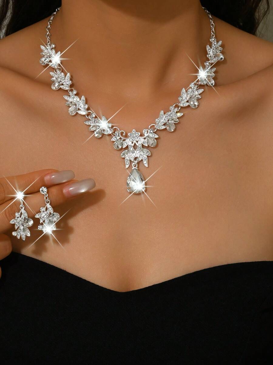 Women's Three Pieces Bridal Wedding Necklace Earring Set & Wedding Party Exquisite Accessory Combination - Silver - View 1