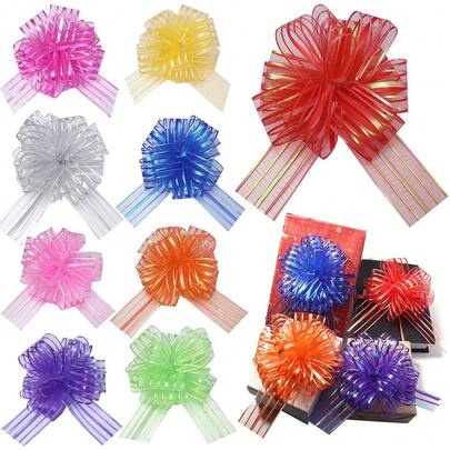 2pcs/Pack 5-Petal Organza Flower Pulls, 3D Retractable Floral Decor, Gift Box Packaging DIY Material, For Wedding, Birthday, Graduation Party Decoration, Display In Shop Window