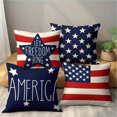 4pcs, 2D Printed Pillowcase, Home And Kitchen Supplies, Bedding, Home Decor, Cushion Covers, And Accessories, Pillow Covers, Independence Day Theme, Star - Striped Patriotism, "LET FREEDOM RING" Slogan, American Pride Printed Pillow Cover