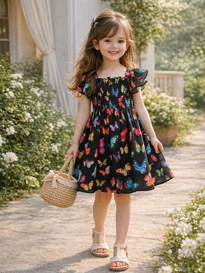 Girls' Black Background Colorful Butterfly Print Dress, Elastic Pleated Top, Square Collar Puff Sleeves, Cinched Waist A-Line Flared Skirt, Suitable For Everyday And Outings