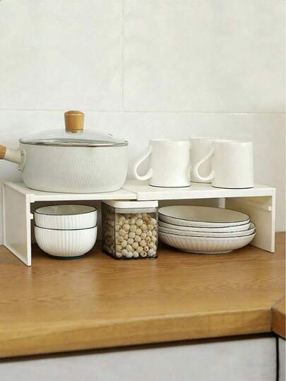 1/2 Pcs Expandable Kitchen Storage Rack, Plastic Countertop Cabinet Organizer With Adjustable Divider Shelves For Spices And Cookware, No Assembly Required, Tiered Shelf, Utensil Rack