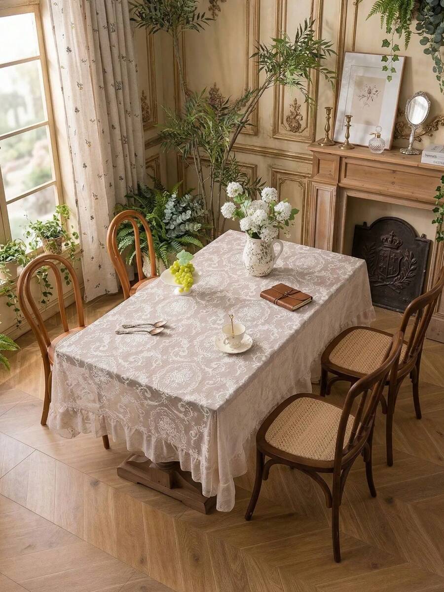 1pc Solid Color French Style Peony Ruffled Tablecloth, French Luxury Lightweight Lace With Ruffle Decor, Suitable For Dining Room, Coffee Table, Living Room, Bedroom, Kitchen, Party, Picnic, Wedding - Beige - View 1