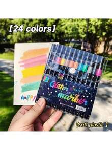 12/24/36/48 Colors Glitter Brush Markers, Dual-Tip Dual-Color 1-5mm Soft Brush Tip Glitter Markers, Suitable For Doodle, Writing, Glitter Art Craft, Adult DIY, Greeting Card Making, Office & School Supplies, Back To School - Multicolor - View 9