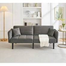 Adjustable 2-In-1 Sofa Bed – Double Seat, Velvet Fabric, Folding Armrests With Sleeping Function, Ideal For Small Families. - Grey - View 8