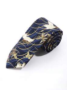 1条男士中国风仙鹤烫金印花领带，商务正装必备单品 - 藏蓝色 - 查看 3