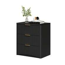 Classic Bedside Table With 3 Spacious Drawers – Unique Grooved Design, High-Quality Metal Handles & Quiet Runners – Sturdy Base – Black - Black - View 4