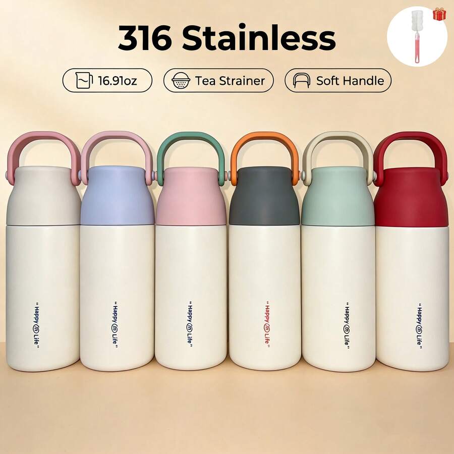 500ml Vaso aislado de acero inoxidable 316, con asa de goma y base antideslizante, taza para coche, infusor de té, botella de agua deportiva de gran capacidad