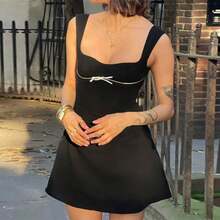 French Style Sleeveless Mini Dress Slim Fit With Chic Bow Detail Elegant Outfit - 黑色 - 查看 11