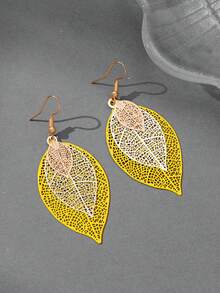 1 Pair Women's Vintage Hollow Leaf Texture Tassel Earrings, Suitable For Daily Wear - Yellow - E992 - View 3