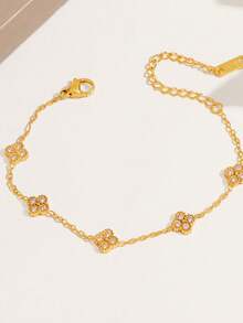 1pc Stainless Steel 18K Gold Plated Clover Bracelet With Diamonds, Elegant & Versatile Jewelry Gift For Women, Mother's Day Present - Five Small Four-leaf Clover White Diamond Bracelet - View 4