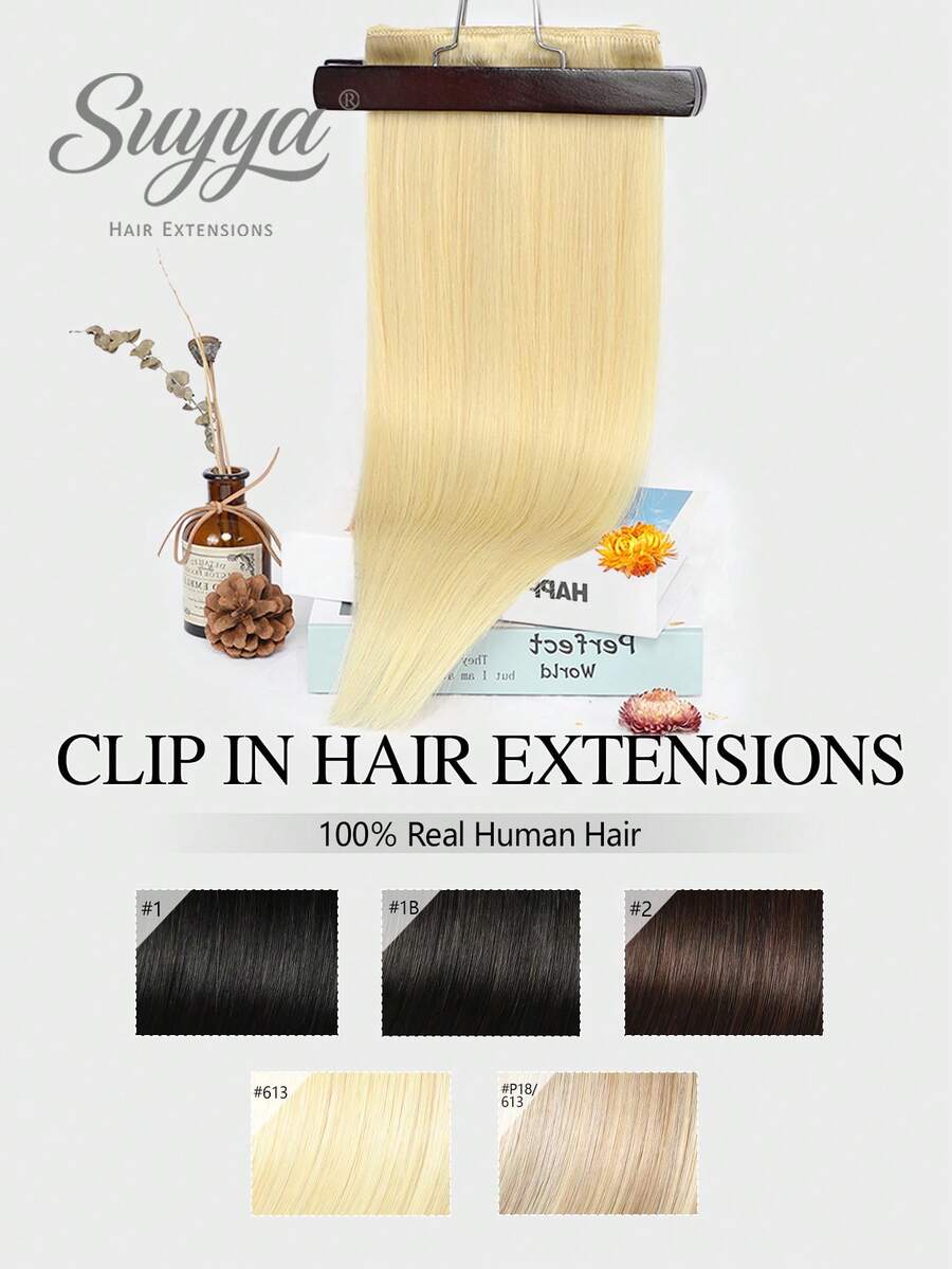 Tóc nối kẹp SUYYA 14 inch làm từ tóc người Remy tự nhiên, màu vàng bạch kim, tóc thật thẳng mượt, dành cho nữ. - S613 - Xem 1