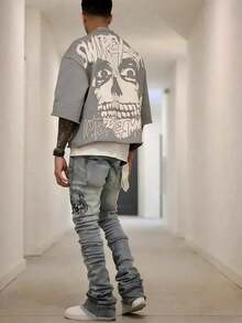 Y2K Style, Directional Printing, Cotton T-Shirt - Soft, Breathable, 100% Pure Cotton Fabric - Comfortable And Energetic Summer Street Style Short-Sleeved T-Shirt, Cool Design, Retro Summer Men's Daily Wear T-Shirt - 灰色 - 查看 7