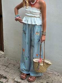 女士蓝色条纹刺绣直筒休闲度假优雅沙滩裤，适合外出、海滩、春季旅行 - 藍色 - 查看 6