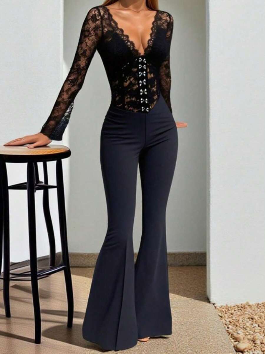Black Lace Jumpsuit Deep V Neck Long Sleeve Flare Pants Button Front Detail Bodycon Evening Wear - Negro - Ver 1