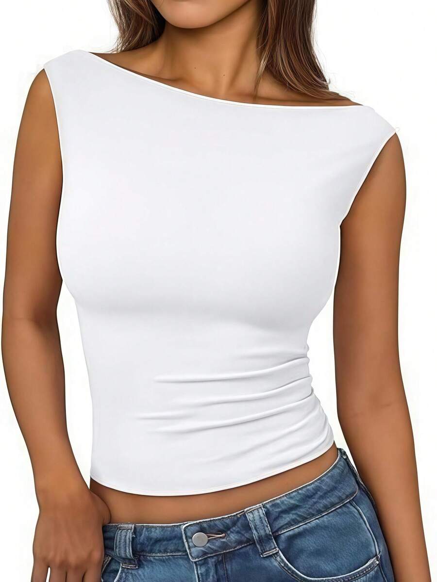 OUTBALL Women's White Boat Neck Sleeveless Tank Top Polyester Medium Stretch Cropped Cami For Summer - 白色 - 查看 1