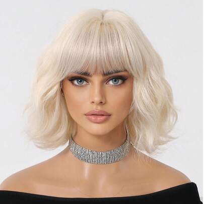 10 Inch White Bobo Wig With Air Bangs, Synthetic Fiber Heat Resistant Wig For Daily, Office, Party, Halloween, Christmas, Thanksgiving, Wedding, Dance, Date, Birthday, Vacation. High Quality Synthetic Fiber, Natural And Comfortable, Short Curly Hair Wig, Light Brown Wig