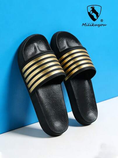 男女通用家居拖鞋，黑金条纹时尚款，加大码防滑防水，2厘米高鞋底，休闲室内/室外皆宜，浴室日常穿着，一脚蹬设计，可作浴室拖鞋、家居拖鞋，极其舒适轻便，防滑易清洁，适合夏季休闲、户外运动、度假、毕业礼物、生日礼物，防滑舒适的室内/室外日常鞋，沙滩拖鞋，适合居家或户外度假