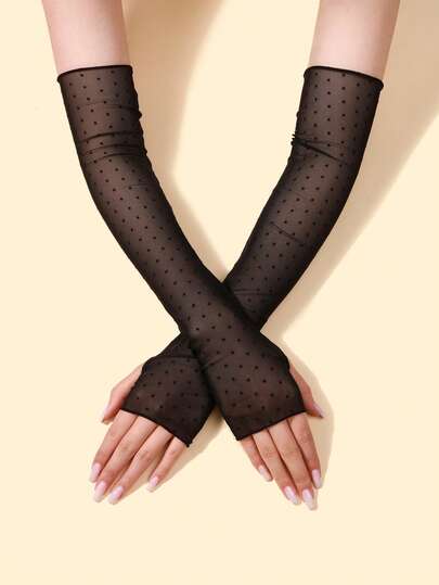 1 Pair Women's Mesh Arm Sleeves, Sheer Black Polka Dot Mesh Arm Warmers, Long Fingerless Summer Thin Breathable Sun Protection Arm Sleeves
