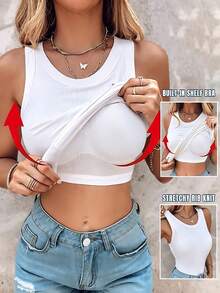 Ribbed Tank Tops For Women Built In Bra High Neck Racerback Shelf Bra Summer Casual Comfortable Yoga Shirts Sleeveless Undershirt - 白色 - 查看 4
