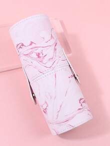 Portable Marble Pattern Makeup Brush Bucket, 1pc PU Leather Dustproof Cosmetic Storage Holder, Large Capacity Vanity Organizer For Travel & Daily Use - Baby Pink - View 3