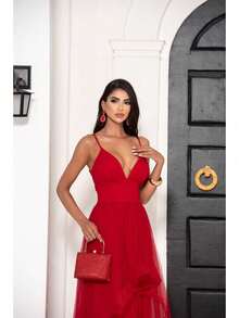 Greek Goddess Gala Dress In Tulle Without Glitter, With Capes And Invisible Zipper - Red - View 3