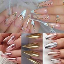 Metallic  Nail Art Powder Set 9 Colors Gold Silver Rose Gold Solid Magic Mirror Effect Pigments Nail Glitter Powder With Brushes For Nail Supplies Manicure - 金色,銀色,玫瑰金,香檳色,紅色 - 查看 7