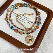 CPA-Stainless Steel Natural Stone Bead Sunflower Beaded Necklace New Style Vintage Clavicle Chain Light Luxury High-End Jewelry - 鈦鋼-金色. - 查看 1